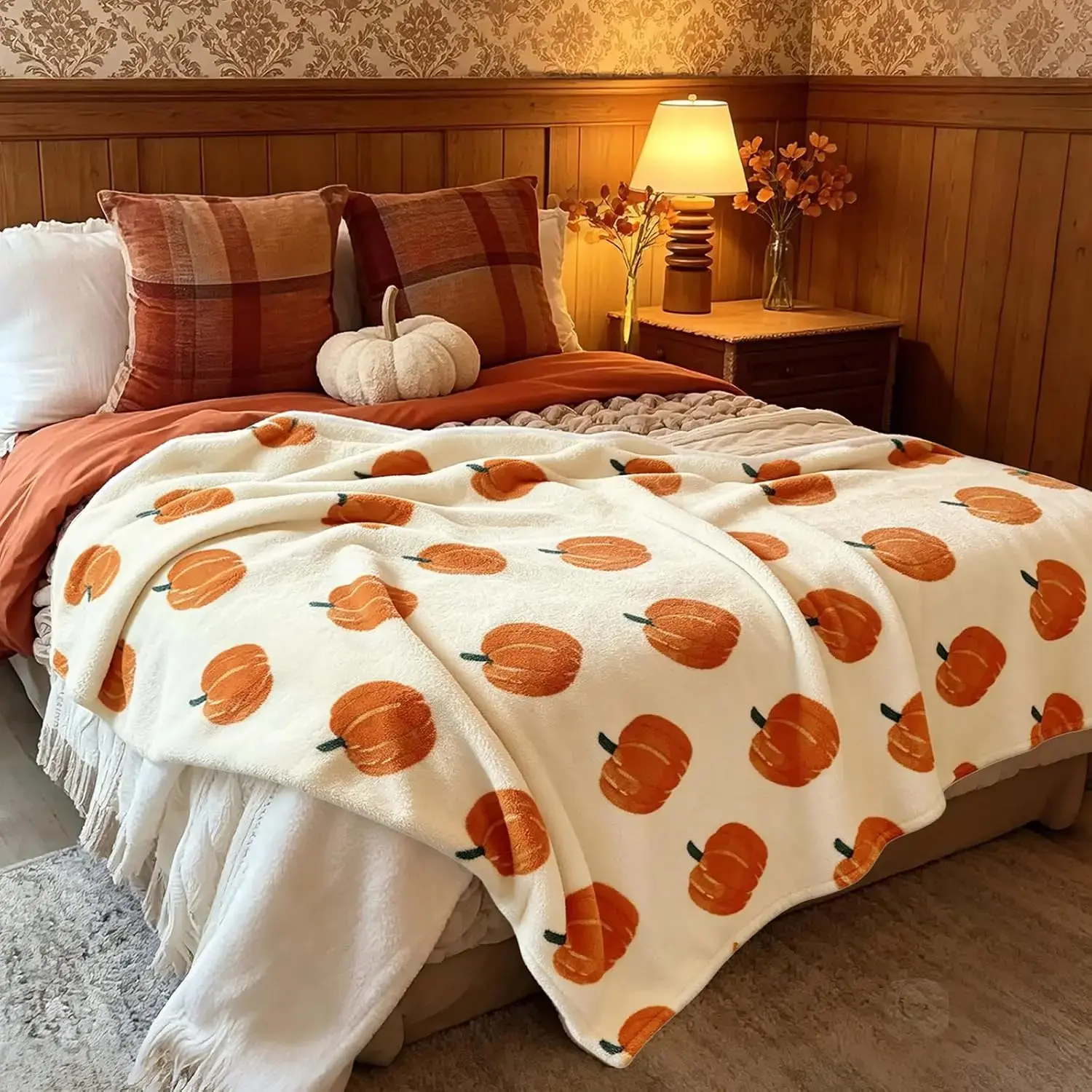 Fall Pumpkin Print Throw Blanket - Orange Fuzzy Flannel, Knit Weave, Multi-Use for Indoors/Outdoors, Farmhouse Chair Sofa Bed