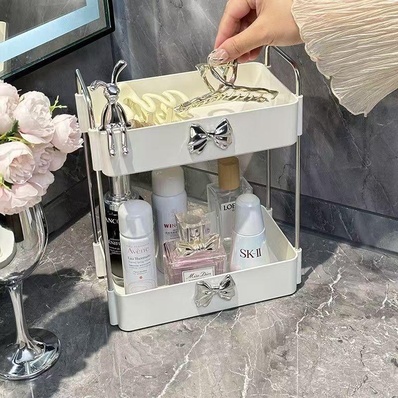 Two-Layer Makeup Storage Box with Rabbit Bow Decor, Multifunctional Bathroom Organizer, Compact Space-Saving Design, Perfect Gift