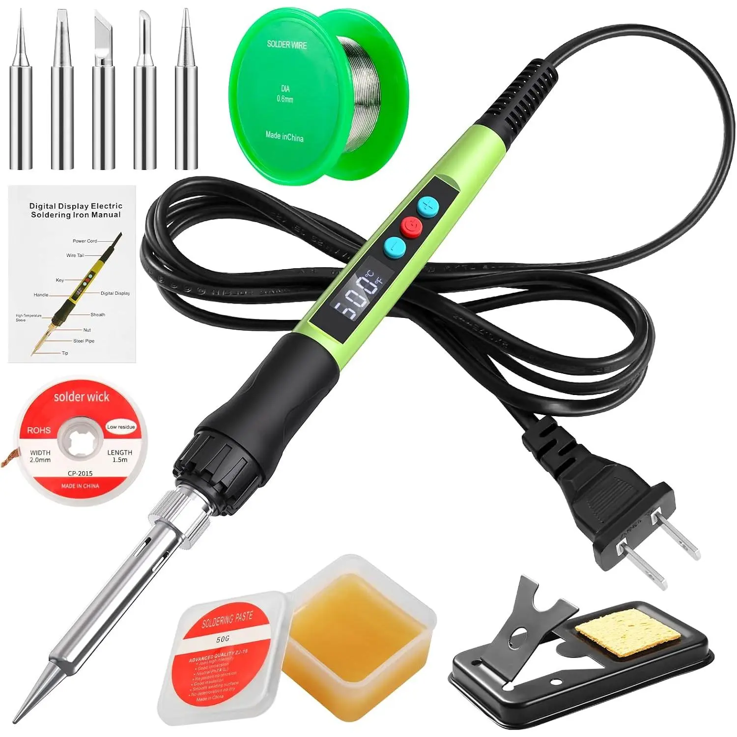 Soldering Iron Set, 100W LED Digital Display Soldering Iron Kit, equipped with ceramic heater, adjustable temperature welding tool, soldering iron tip, desoldering wick, stand, solder wire, sponge, and flux
