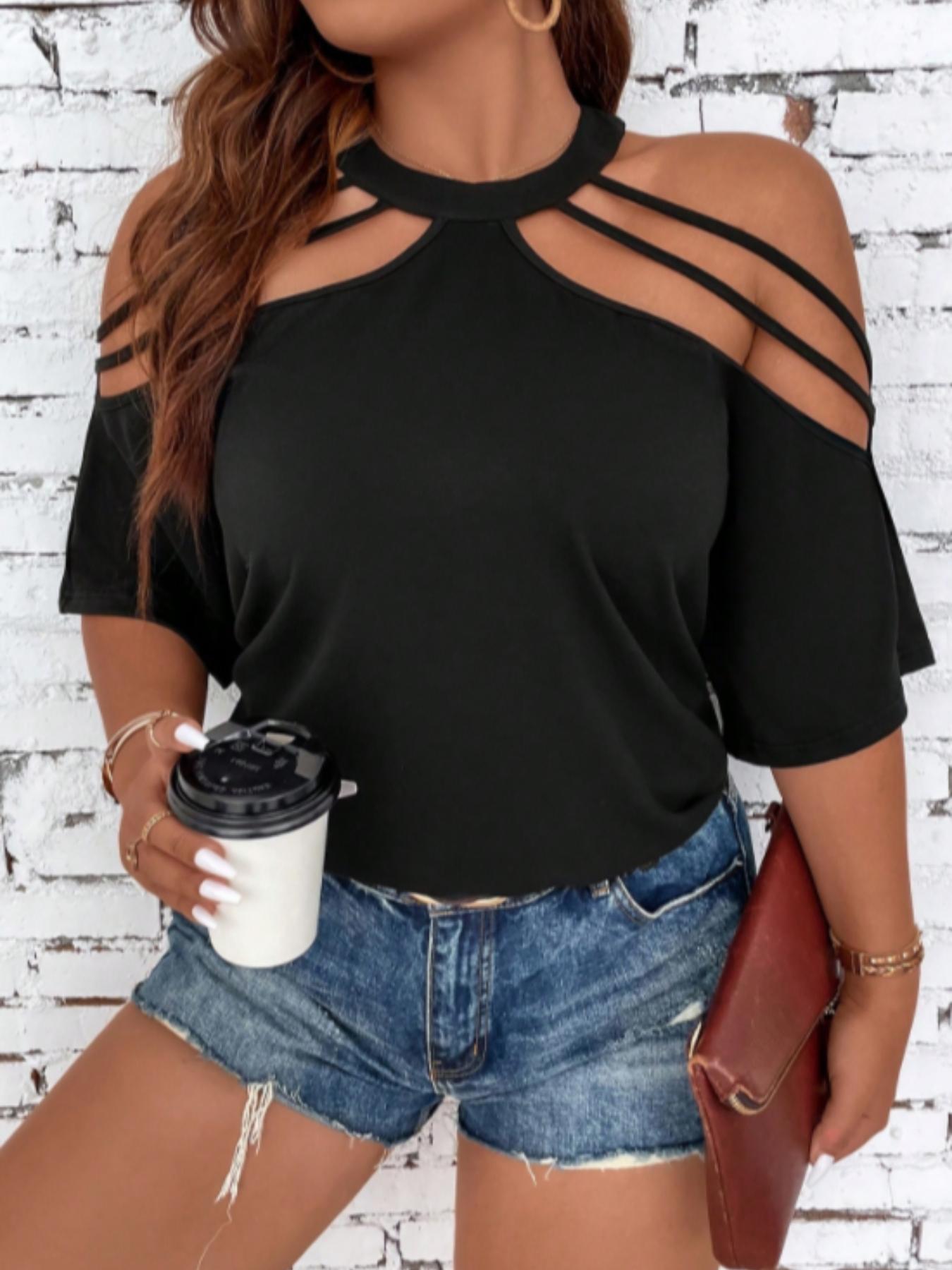 Plus Size Solid Cut Out Cold Shoulder Round Neck Tee, Casual Fashion Half Sleeve T-shirt for Summer, Summer Clothes, Ladies Clothes for Dating Daily Wear