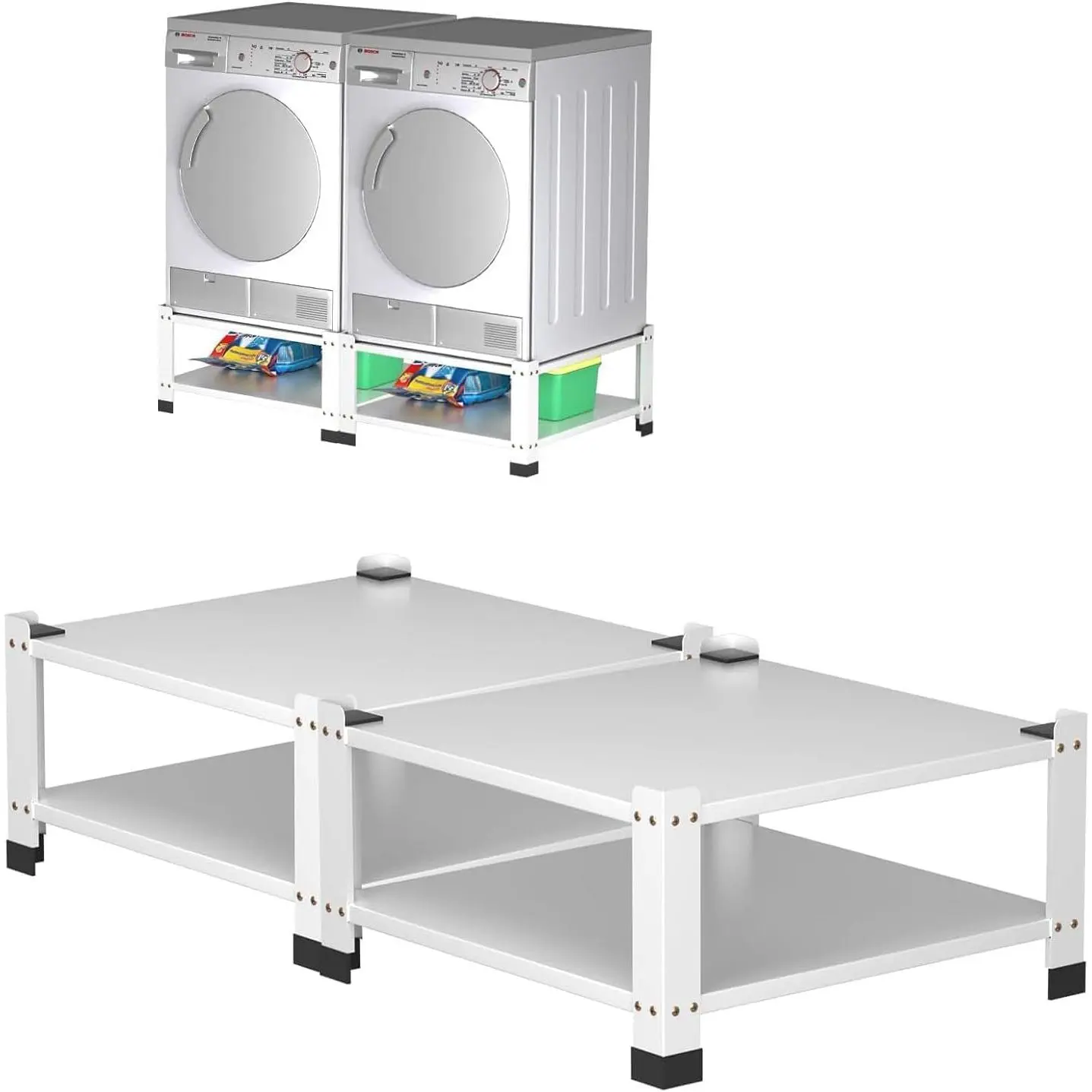 Garvee Heavy Duty Washer and Dryer Pedestals with Storage Shelf, 2 Pack Steel Riser, 800LB Capacity, Global Laundry Organizer Stand, Multi-Functional Tool Storage Rack, Easy to Assemble, White Color