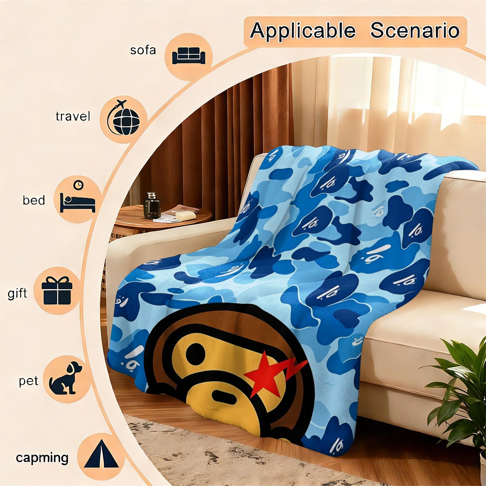 Blue Camouflage Cartoon Ape Red Star Lightning Bolts Flannel Blanket, Soft and Lightweight Durable, Ideal for Bedroom Dorm Gaming Room Decor, Sofa Throw Cover, Office Nap Mat, Car Cover Blanket and Cool Gift