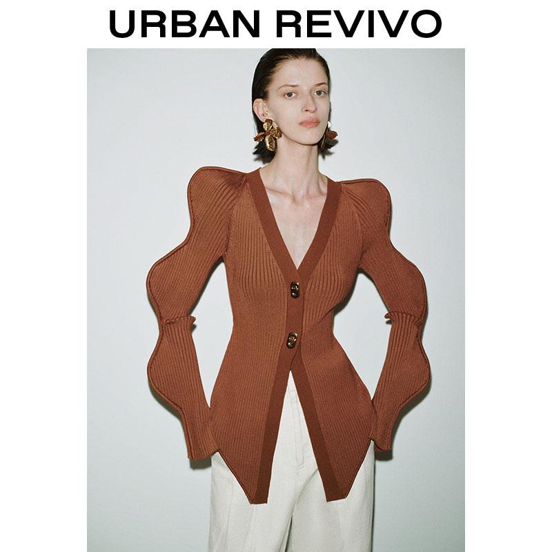 URBAN REVIVO springtok Oversized Puff Sleeve Brown Knit Cardigan - Bold V-Neck Button Front for Trendy Women Skinny Knitted