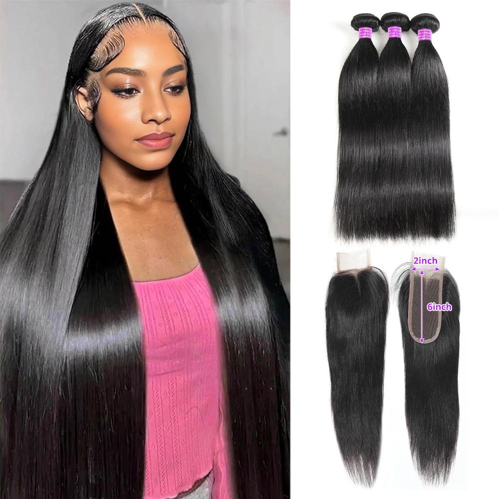 Silky Straight Human Hair Bundles 2x6 /4x4 Lace Closure With Bundles Straight Bundles With Closure 4x4 Inch Human Hair Bundles With Closure Virgin Human Hair Bundles with Closure Free Part Black Friday