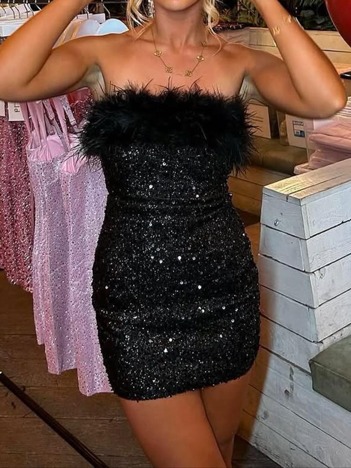Women's Fashion Halter Strapless Bodycon Dress with Feathers and Sequins, Party Clubwear, Elegant Evening Gown, Summer Casual Wear Women's Fashion Halter Strapless Bodycon Dress with Feathers and Sequins, Party Clubwear, Elegant Evening Gown, Summer Casual Wear
