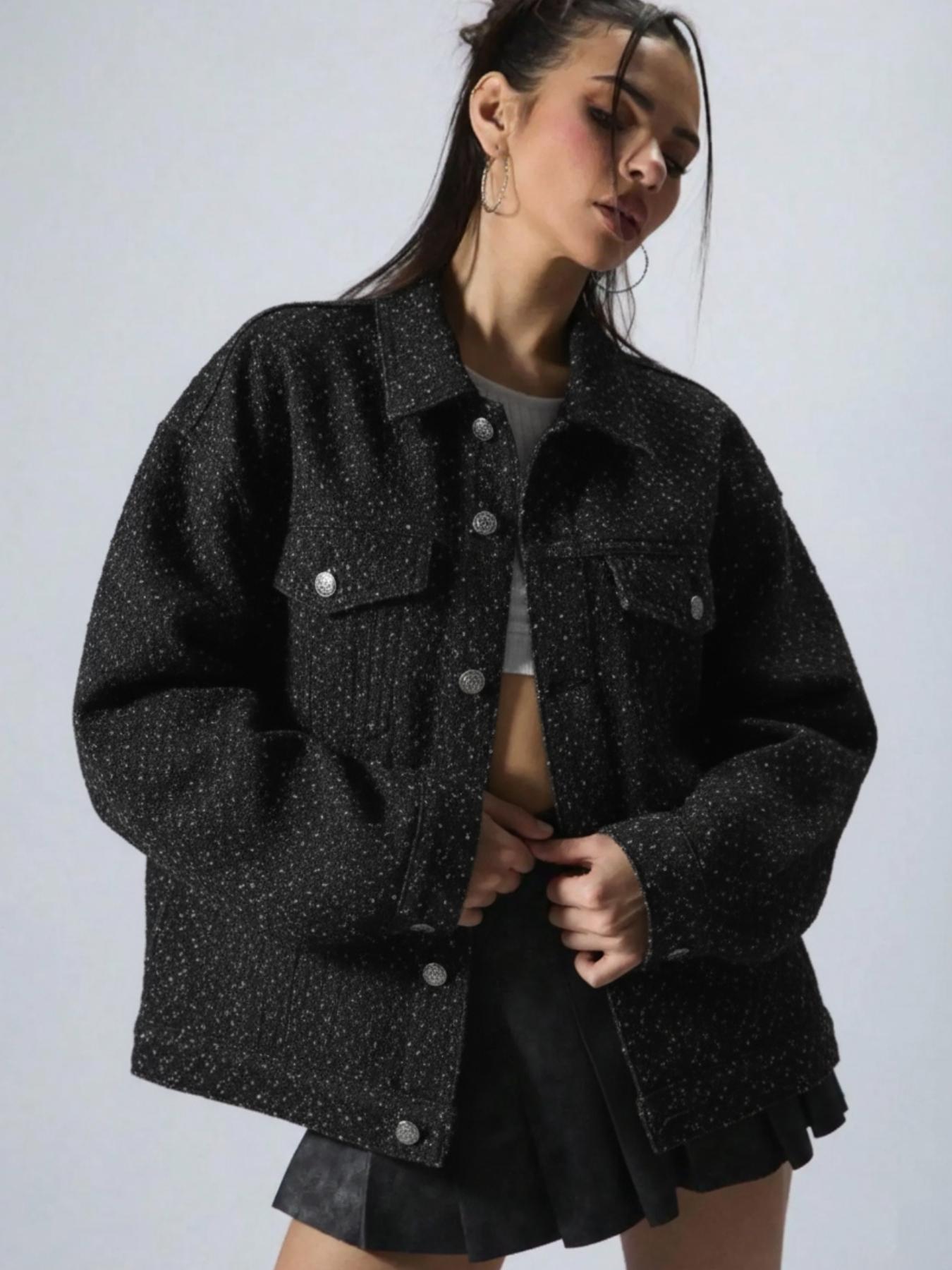 Women's Plain Button Front Drop Shoulder Denim Coat, Casual Long Sleeve Collared Pocket Outerwear for Daily Wear, Ladies Clothes for All Seasons, Clothing for Women