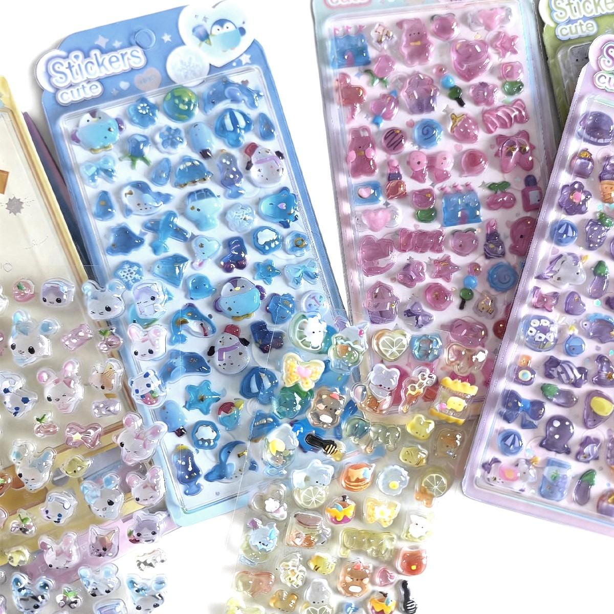 Cartoon 3D Embossed Crystal Sticker, Mixed Color Resin Self-Adhesive Decal, DIY Decoration for Journals, Phone Cases, Notebooks, Semi-Bulk Gifts, Mobile Phone Accessory, Cellphone Accessory