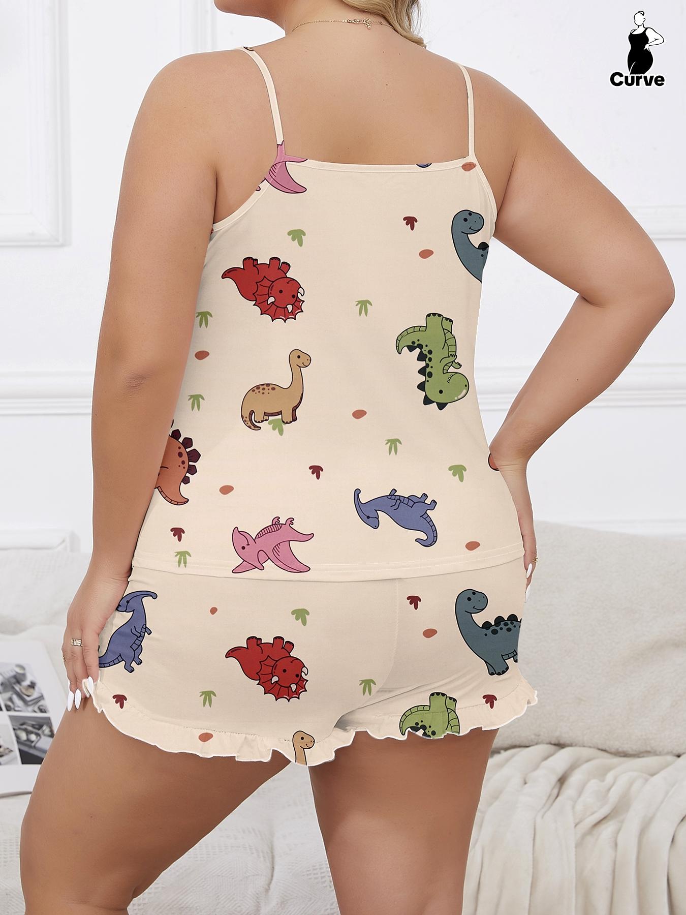 Plus Size Dinosaur Print Elastic Waist Pyjama Set, Casual Cami Top & Ruffle Hem Shorts Set, Summer Outfits 2024, Summer Clothes, Women's Summer Sleepwear