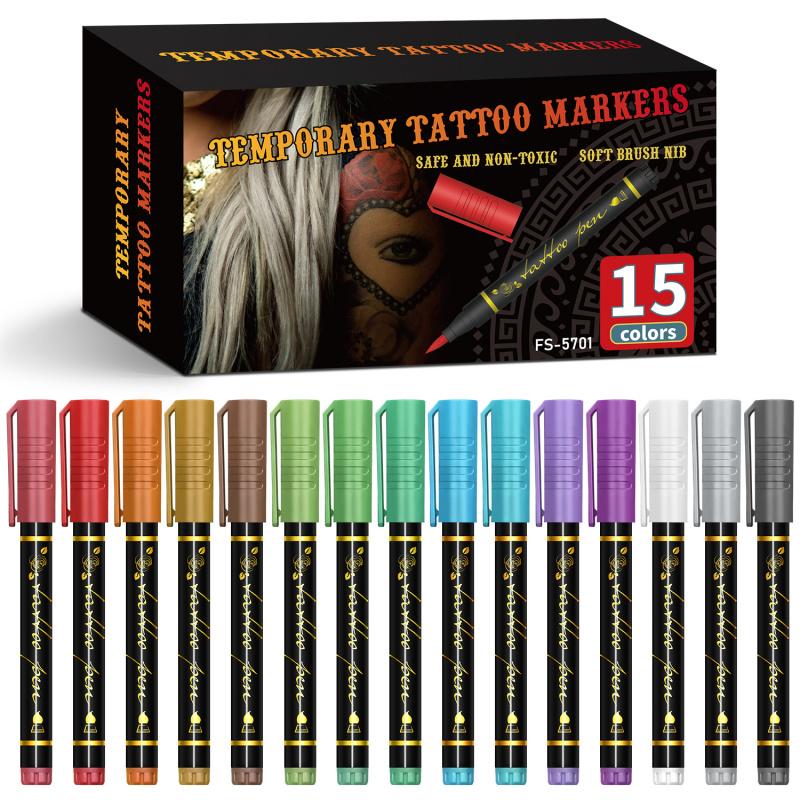 Temporary Tattoo Markers for Skin, 10/15/30-Count Body Markers 10/15/30 Colors Tattoo Pens, Tattoo Stencils,Flexible Brush Tip, Bright colors, High Pigment, Face Paint Kit Cosmetic Quality,Halloween makeup