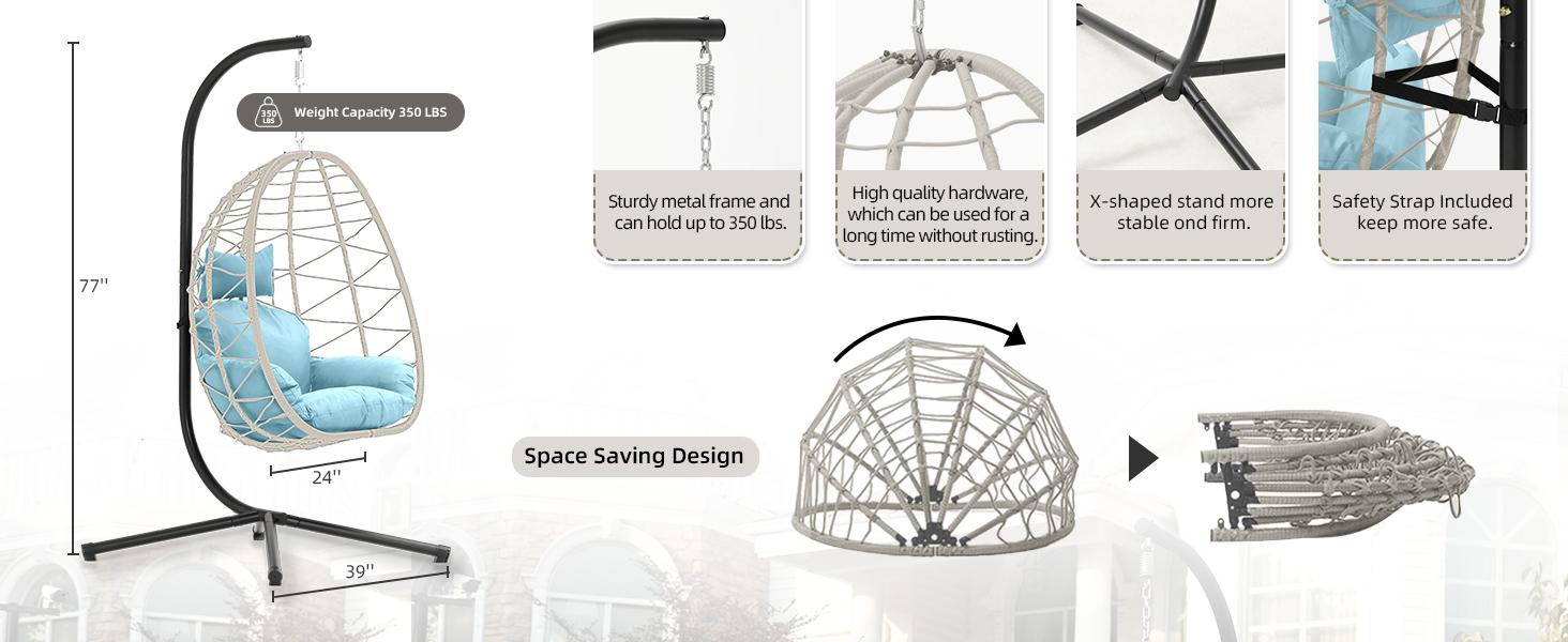 Single Egg Chair with Stand- 350LBS Capacity, Swing Chair Hanging Chair Nest Basket, UV Resistant Removable & Washable Cushions for Bedroom, Balcony, Garden Patio Outdoor Furniture