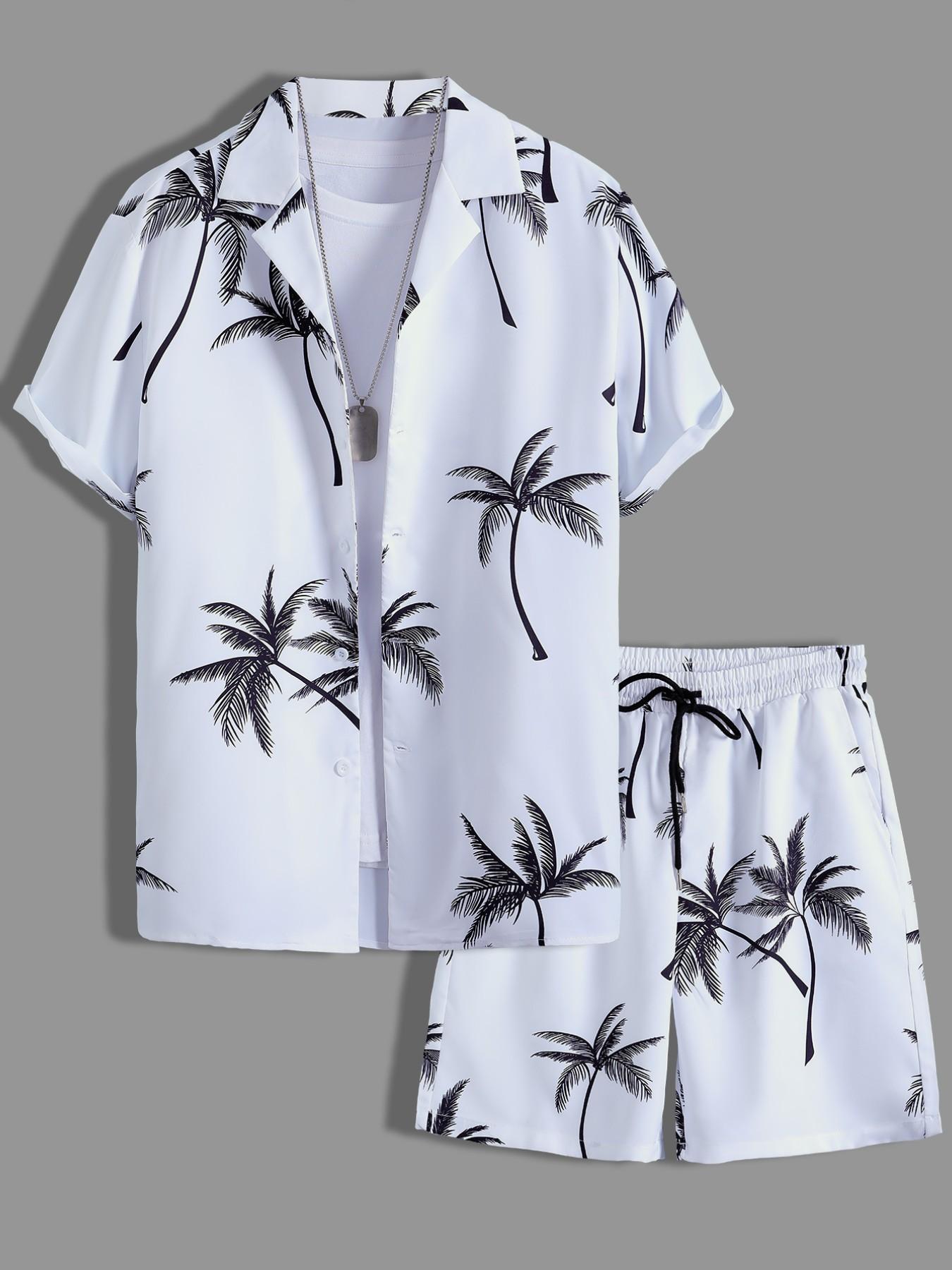Men's White & Black, Tropical Palm Tree Print Loungewear Set, Shorts Pyjama Set - Short-Sleeve Button-Up Shirt (Rolled Cuffs) + Drawstring Shorts, Ultra-Soft Smooth Fabric, Relaxed Oversize Fit, Perfect for At-Home Lounging, Lazy Weeke Men's White & Black, Tropical Palm Tree Print Loungewear Set, Shorts Pyjama Set - Short-Sleeve Button-Up Shirt (Rolled Cuffs) + Drawstring Shorts, Ultra-Soft Smooth Fabric, Relaxed Oversize Fit, Perfect for At-Home Lounging, Lazy Weeke