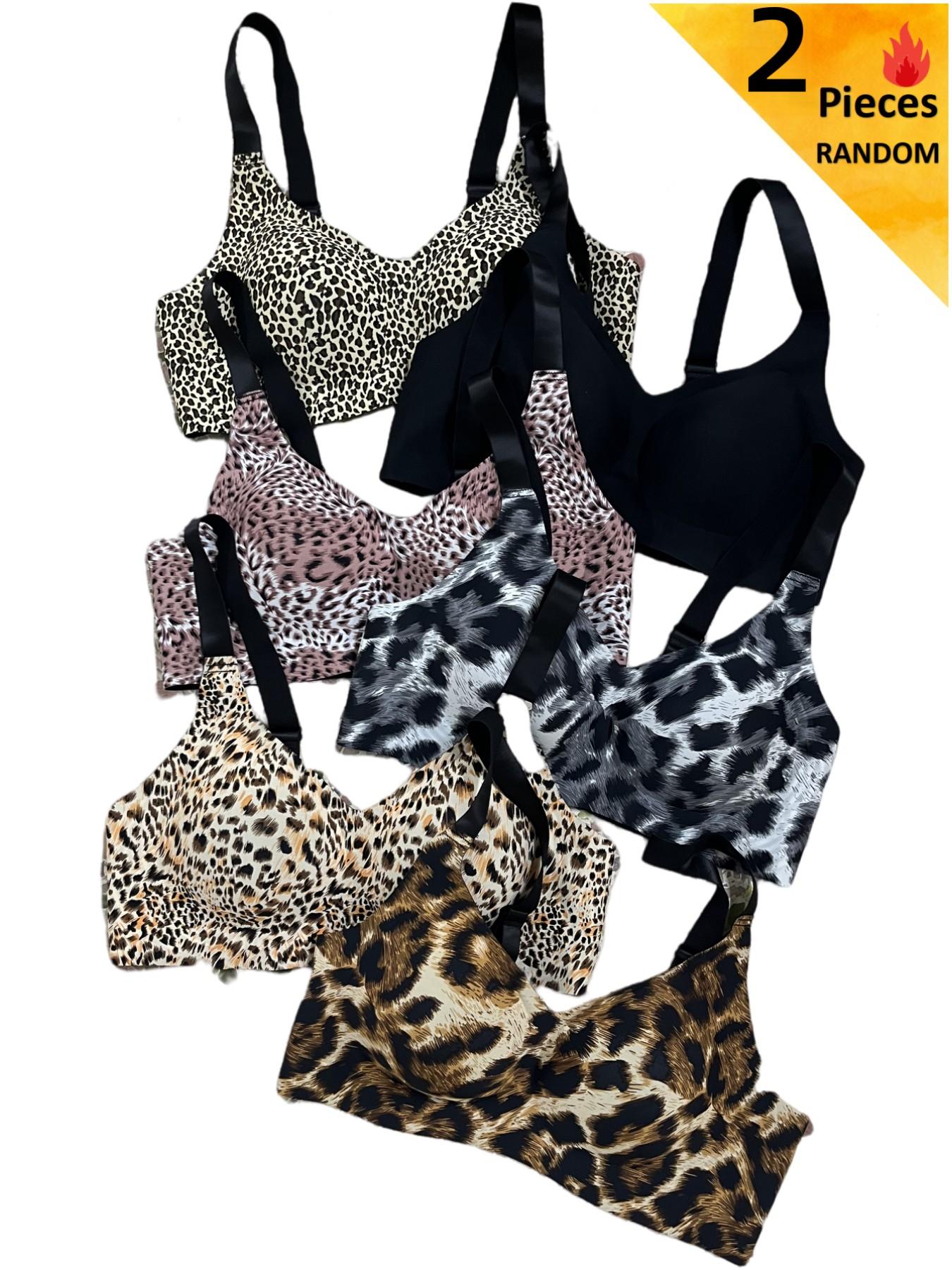 Randow Color,【Plus Size】 Leopard Print Wireless Bra, Comfortable Breathable Adjustable Strap Removable Chest Pads Bra, Women's Lingerie for All Seasons, Womenswear