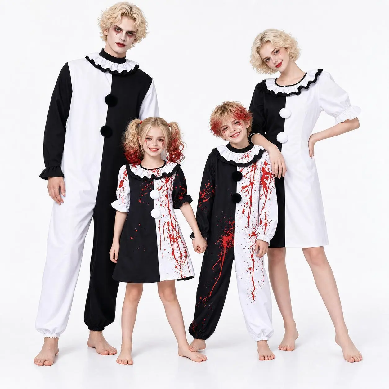 Halloween Scary Killer Clown Costume for Men Women, Kids Adults Black White Split Blood Splatter Clown Jumpsuit & Dress,Creepy Horror Clown Outfit for Couple Family Cosplay Party, Boys Girls Carnival Haunted House Fancy Dress