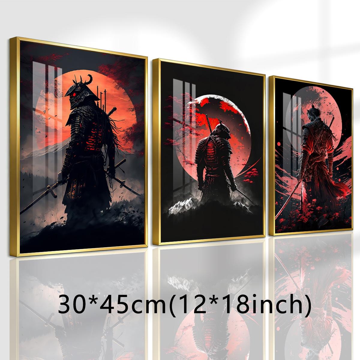 3 Counts Aluminum Alloy Framed Painting, Samurai Warriors Under Red Moon Artwork, Home Decoration For Living Room, Bedroom, Office, Restaurant, Hallway Wall Decor, Odorless Print Artwork, Luxury Perfect Gift For Friends And Family