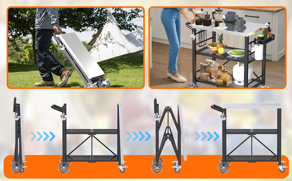YACONA Stainless Steel Folding Grill Table, 3-Tier Outdoor BBQ Cart with Storage Rack, Portable Outdoor Kitchen Island Pizza Oven Table for Blackstone Griddle YACONA Stainless Steel Folding Grill Table, 3-Tier Outdoor BBQ Cart with Storage Rack, Portable Outdoor Kitchen Island Pizza Oven Table for Blackstone Griddle