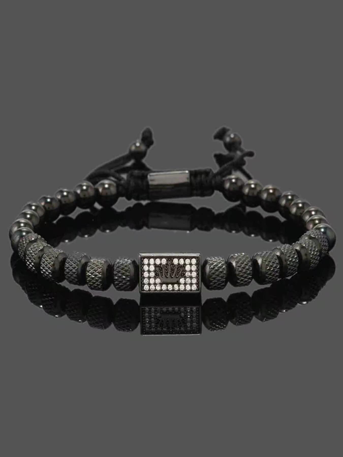 Vintage Stainless Steel Beaded Zircon Crown Bracelet, Adjustable Casual Men's Party Wristband, Chain Print, All Seasons