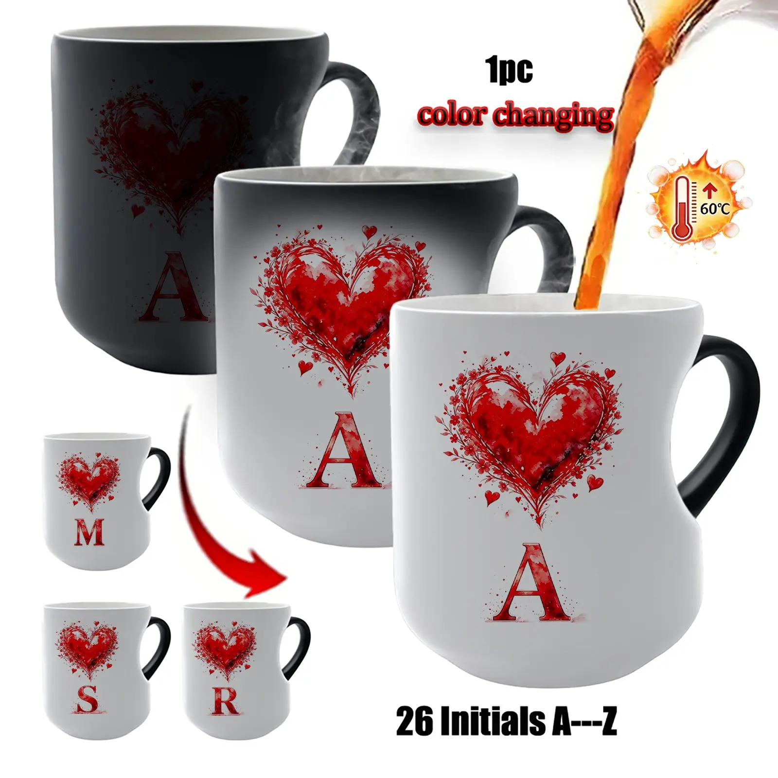 Color Changing Mug A‑Z Initials Red Watercolor Heart Monogram Coffee Mug,Ceramic Coffee Cups,Heat Sensitive Magic Ceramic Cup,Personalized Letter Name Gift for Valentine Birthday Anniversary Couple Lover Women Men Home Drinkware 1PC