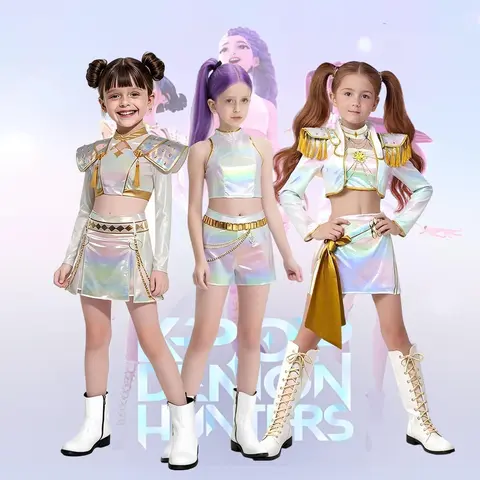 Girls' 2-Piece Poly-Cotton KPop Performance Costume - Sparkly Glitter Dance Top & Skirt, Matching Cosplay Set, All-Season Halloween Costume, Comfortable Anime Character Outfit