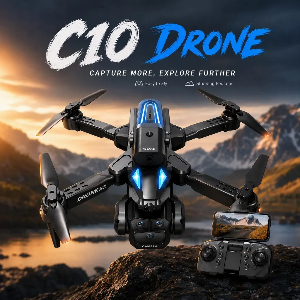 C10 Black Beginner-Friendly RC Drone Quadcopter Toy with Plastic Body, 2 Rechargeable Batteries, Wi-Fi Camera, Lightweight Design for Kids/Adults Outdoor Recreation