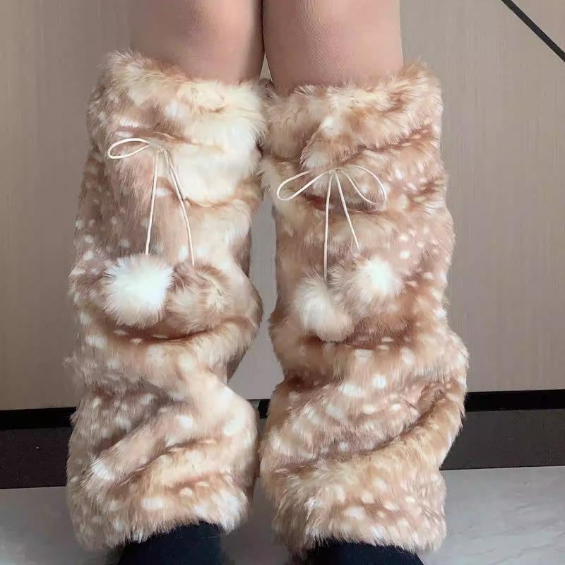 Autumn and Winter Cute Plush Leg Cover Warm Deer Print Faux Fur Plush Leg Warmers JK College Style Cosplay Boots Chrismas Gifts