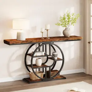 Garvee 55 Inch Narrow Entryway Console Table with 4-5 Tier Circle Shelves, Industrial O-Shaped Black Metal Frame, Rustic Brown or Grey Top, Multi-Functional Sofa Table for Living Room and Hallway, Easy Assembly