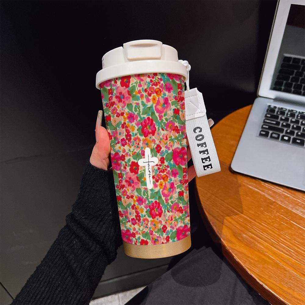 Abstract Cross Texture Coffee Cup, Portable Insulated Tumbler, Keeps Drinks Hot/cold, Boho Style, Ideal for Office, Travel, Sports