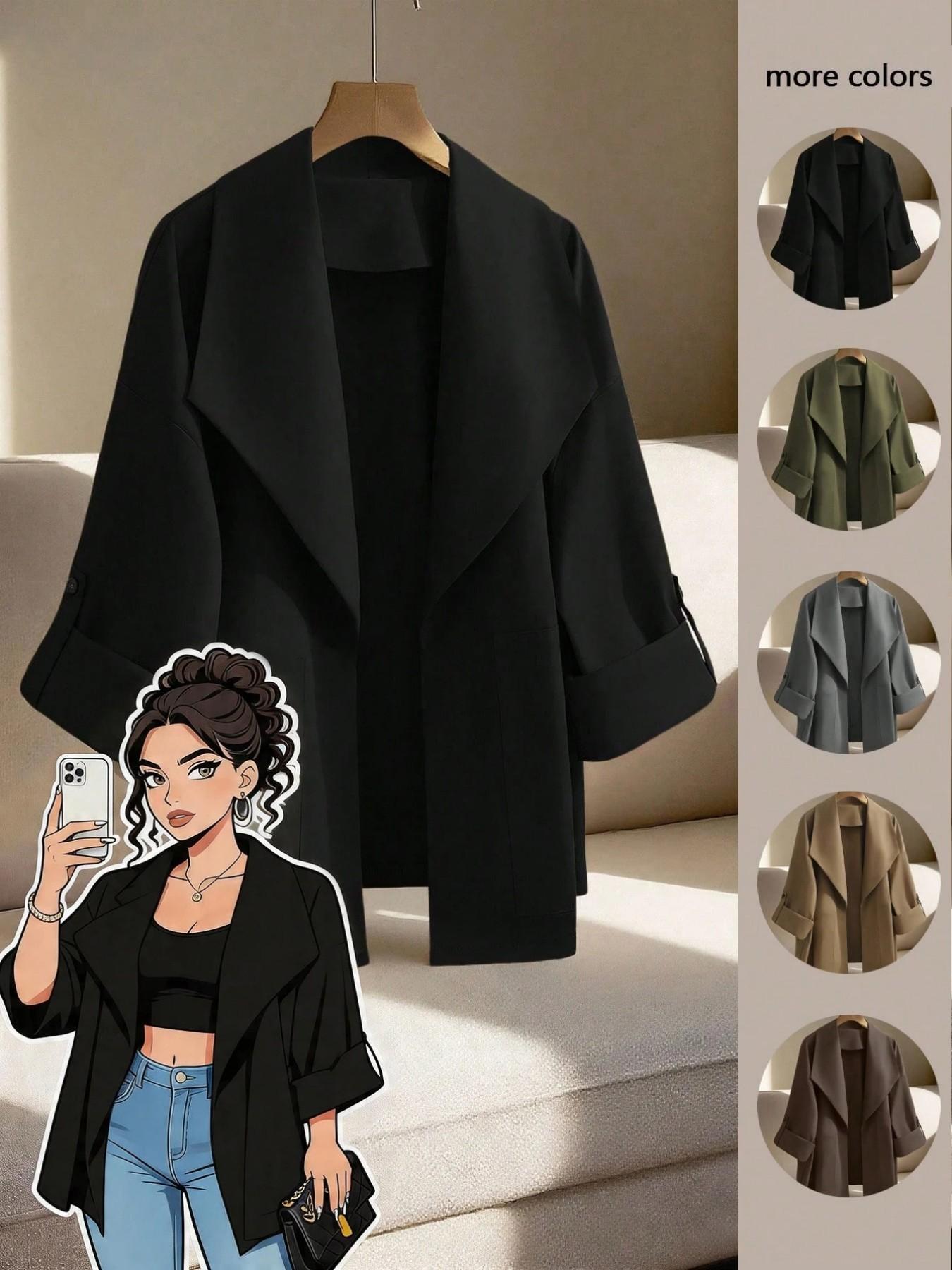 Women's Plus Size Curvy Open Front Jacket Tab Sleeve Draped Lapel Loose Basic Casual Coat Outerwear Solid Fall Winter Office Workwear Daily Commuter Trendy Chic Minimalist Office Style
