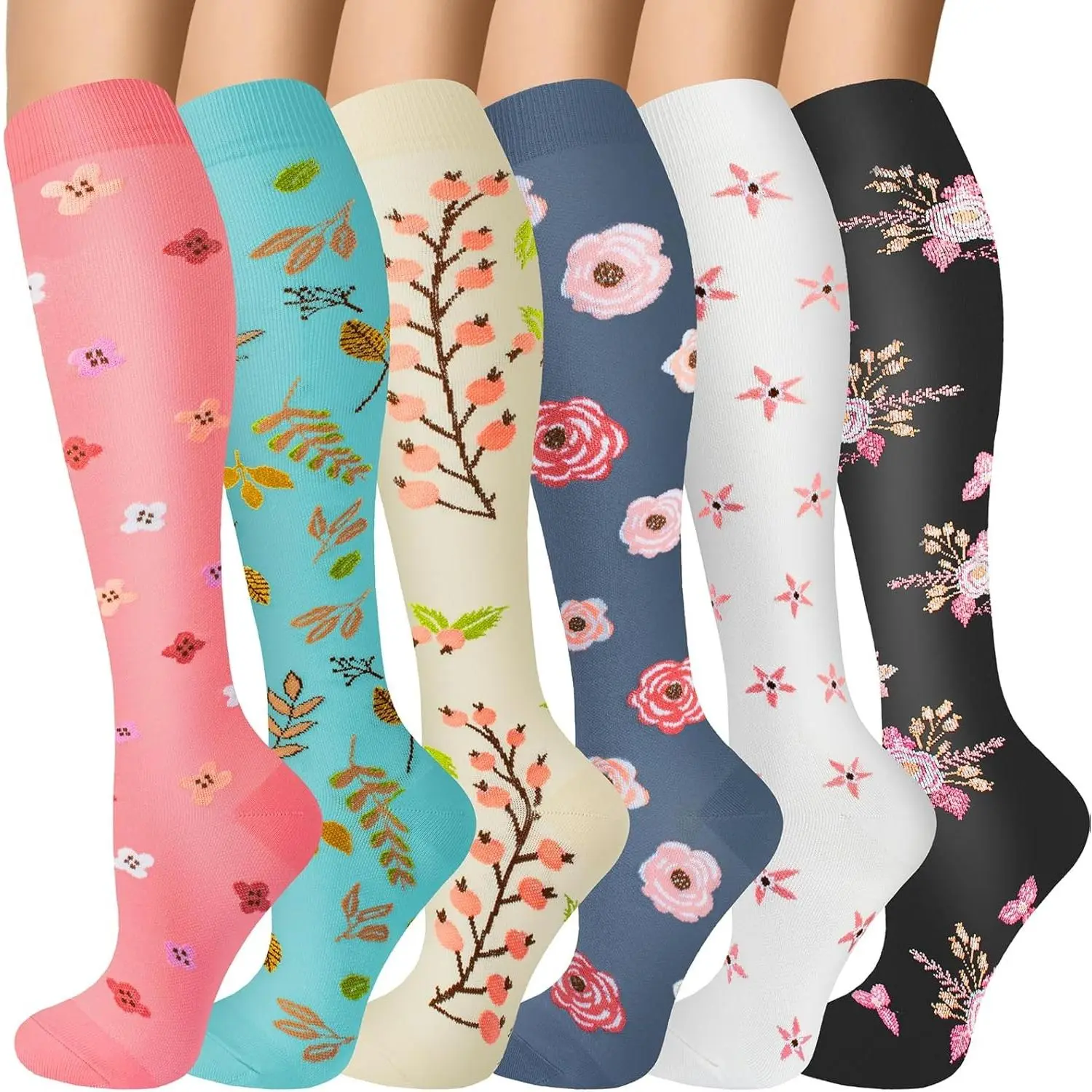 Cute Nylon Flat Compression Stockings - 6 Pairs, 20-30mmHg Graduated Support Knee-High Socks for Nurses, Fitness Travel Flight Use, Breathable