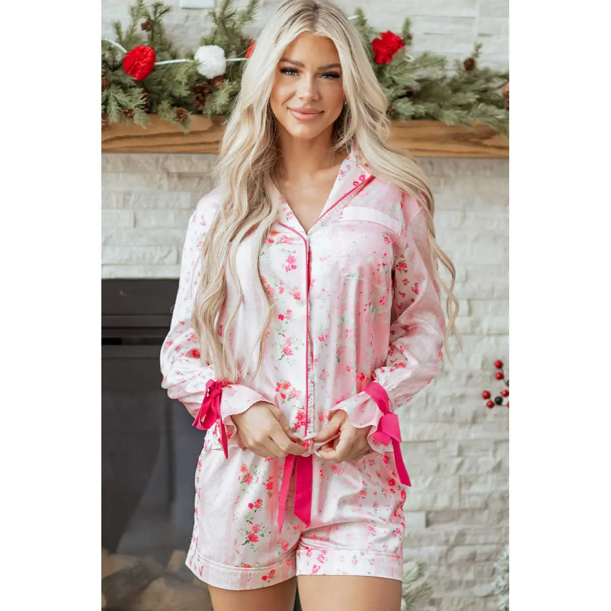 Pink Mixed Floral Print Contrast Piping Trim Satin Tie 2pcs Pajama Set