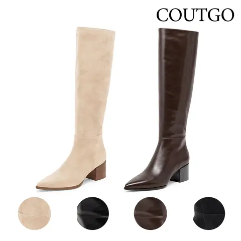 Coutgo Women's Minimalist Knee High Boots - Plain Footwear with Pointed Toe, Chunky Block Stacked Heel, Zipper, Wide Calf, Rubber Sole, Comfortable Tall Shoes for Fall-Winter Work Casual Wear