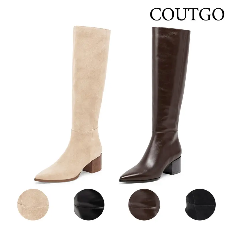 Coutgo Women's Minimalist Knee High Boots - Plain Footwear with Pointed Toe, Chunky Block Stacked Heel, Zipper, Wide Calf, Rubber Sole, Comfortable Tall Shoes for Fall-Winter Work Casual Wear