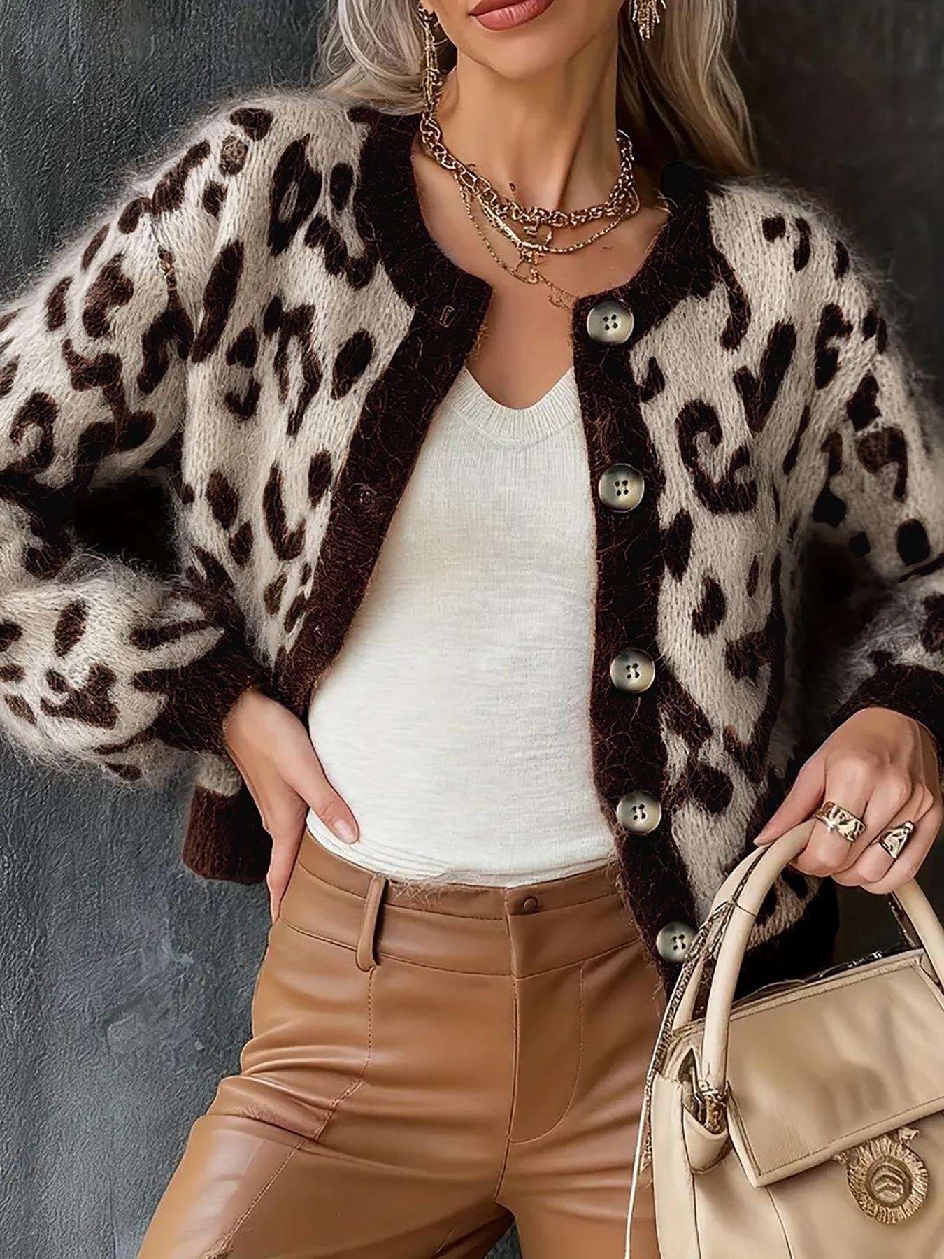 Women's Vintage Leopard Print Knit Cardigan Sweater Knitwear, New Fall/Winter Design, Colorblock Long Sleeve Round Neck Top
