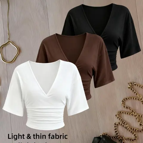 3 Pack Solid Color Ruched Crop Top for Women, Deep V Neck, Three-Quarter Sleeves, Slim Fit, Casual Chic Basic Minimalist T-Shirt