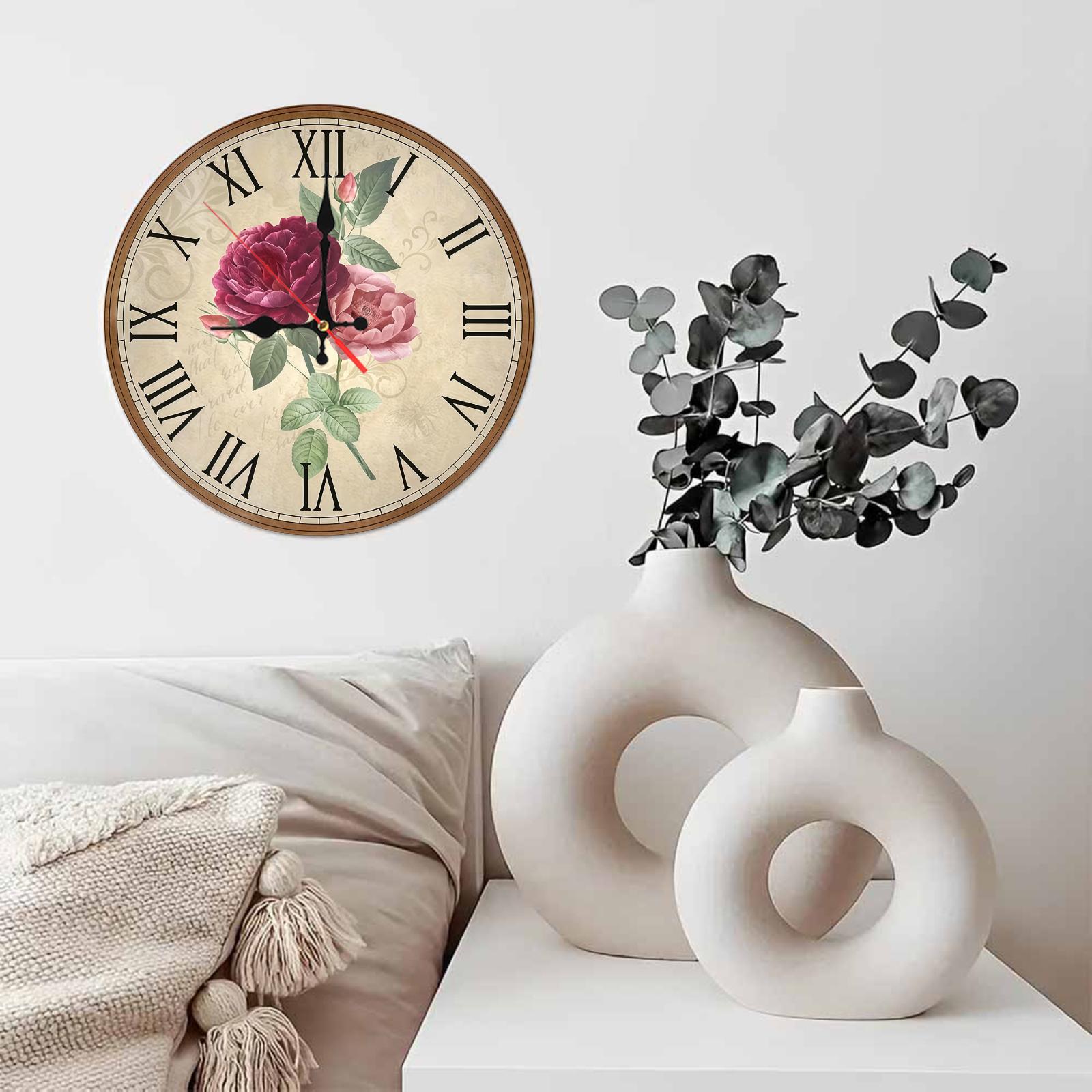 10-12in Blush Pink Rustic Circular Shape Wood Vintage Roman Numeral Quartz Wall Clock, Easy Install, Hangable Flower-Romance French Country Shabby Chic Farmhouse Bedroom Decor, Birthday Gift (Assembly Required)
