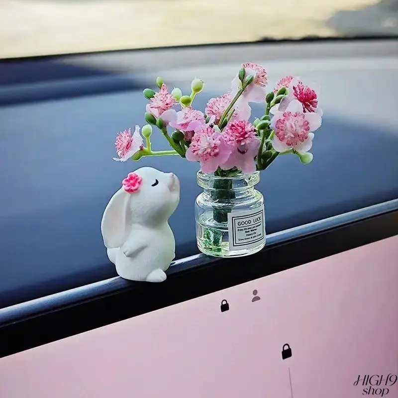 Cute Sniffing Rabbit Car Ornament, Mini Artificial Flower Glass Vase Decor with Adhesive Tape, Resin Healing Bunny Figurine, Aesthetic Car Dashboard Interior Decor, Lovely Gift for Car Owners
