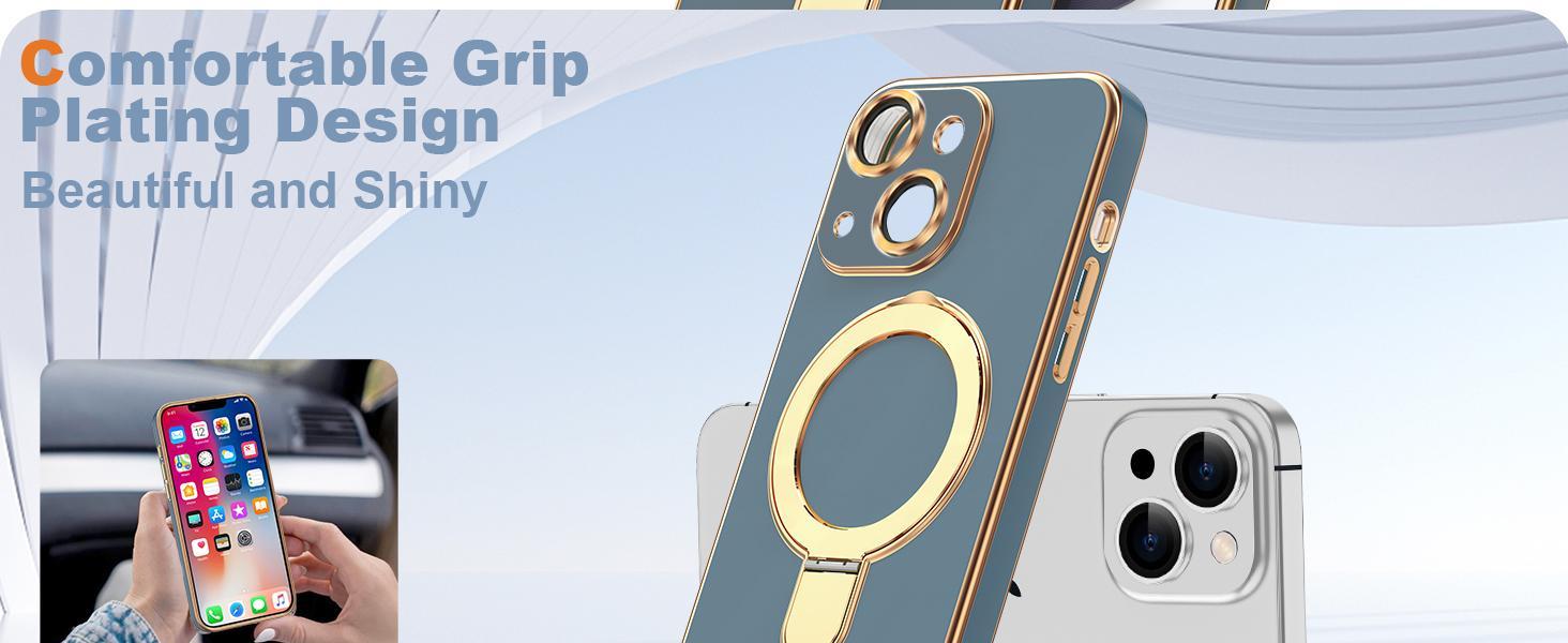 Compatible with iPhone 14 Case with Magnetic Ring Stand [Compatible with Mag-Safe] [Full Camera Lens Protector] Soft Plating Phone Case for iPhone 14 6.1", Grey Blue