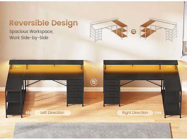 SEDETA 47.2 Inch L Shaped Desk with 4 Drawers and Storage Shelves L Shaped Gaming Desk with LED Lights Power Outlets