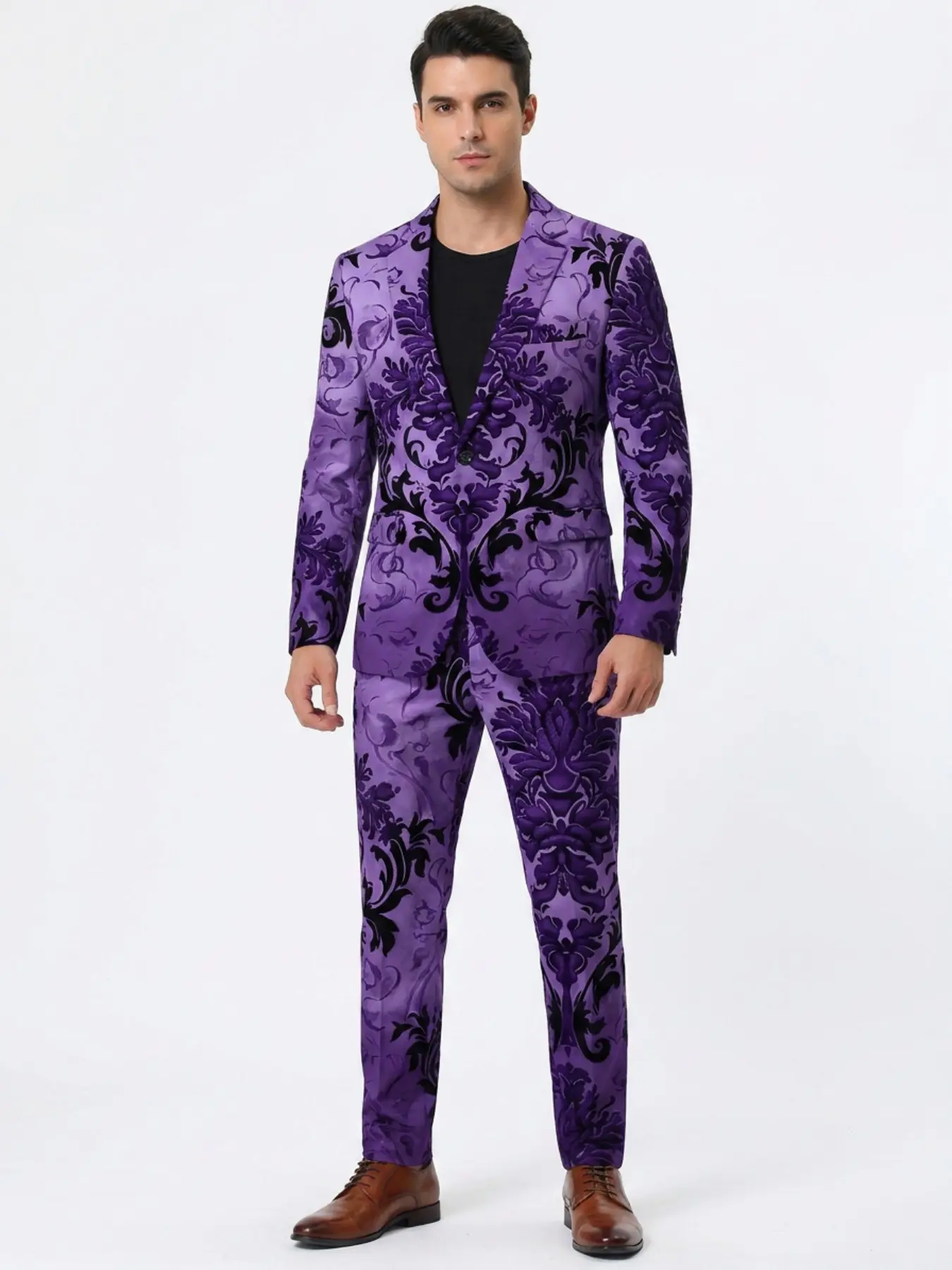 Men's retro Baroque patterned two-piece suit, with a blue, gray, black and light purple background and a dark floral print all-over design. The slim-fit suit jacket is paired with matching floral trousers for an evening or stage formal suit.