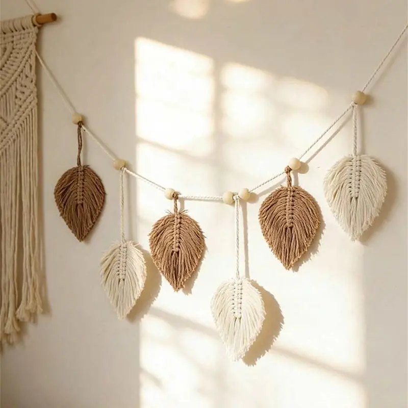 Macrame Leaf Garland with Wooden Beads, Boho Woven Feather Leaf Banner, Handmade Tassel Wall Hanging Decor for Nursery Bedroom Wedding