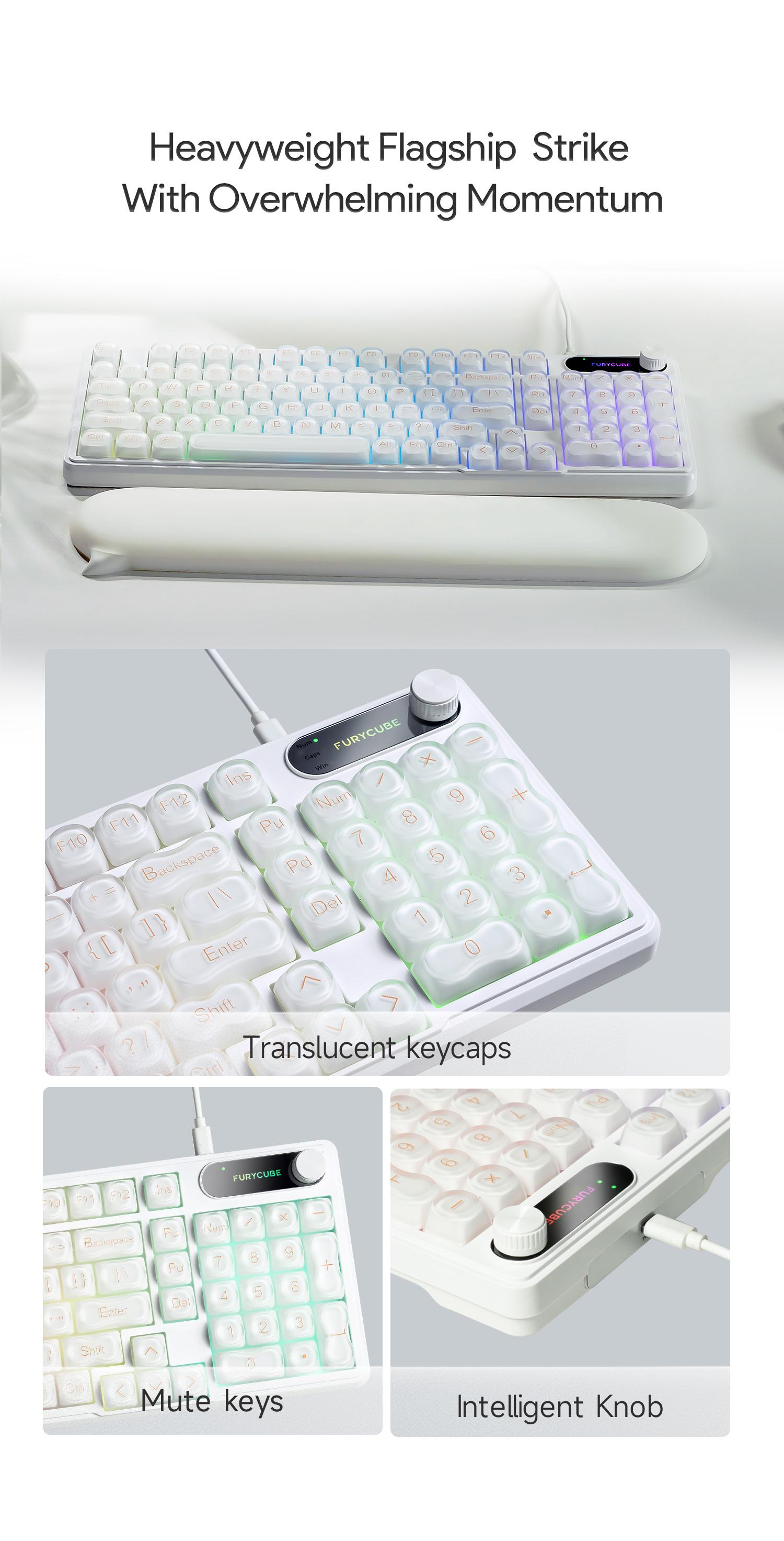 FURYCUBE IP98 Foudation Keyboard, 98 keys with Knob Transparent Keycaps Tri-Mode BT/2.4GHz/USB-C Cute Classic Keyboard with Number Pad, Media Knob Custom Mechanical Feel Keyboard, RGB Backlit Work/Office/Gaming Silent Keyboard, Budget Gift
