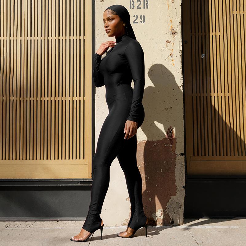 Women's Shiny Satin High-Neck Footed Jumpsuit, Long Sleeve Fitted Bodycon Jumpsuit, Nightclub Streetwear Sexy