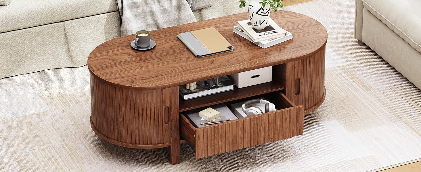 【SPOTLIGHT DAY】ONBRILL 47.2 Inch Oval Coffee Table with Storage, Mid Century Modern Coffee Table with Drawer, Center Table with Sliding Door and Wood Fluted Handle for Living Room