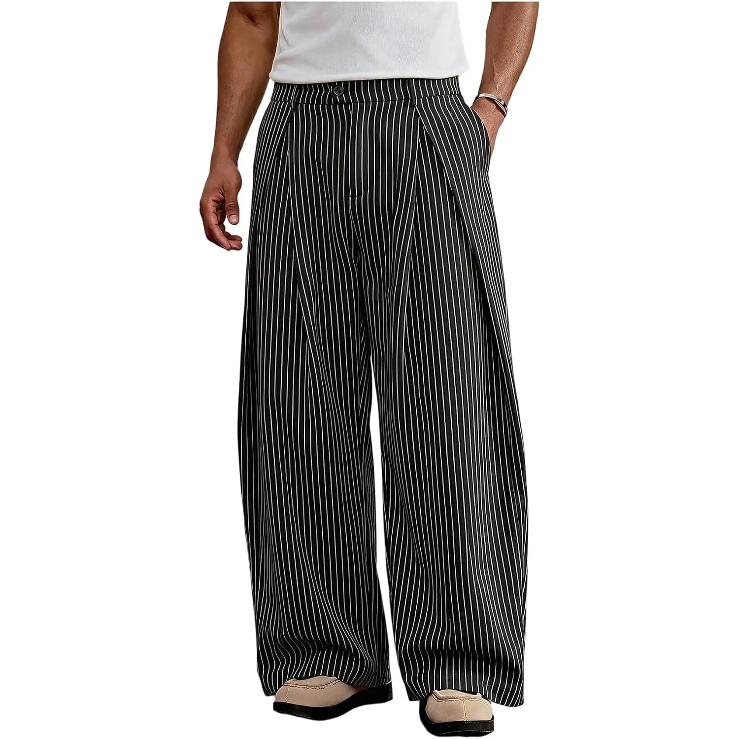 GORGLITTER Men's Wide Leg Baggy Pants Pleated High Waisted Dress Pants| Dressy Black Dress Pants Men, Work Barrel Pants, Slacks for Men, Business Suit Trousers