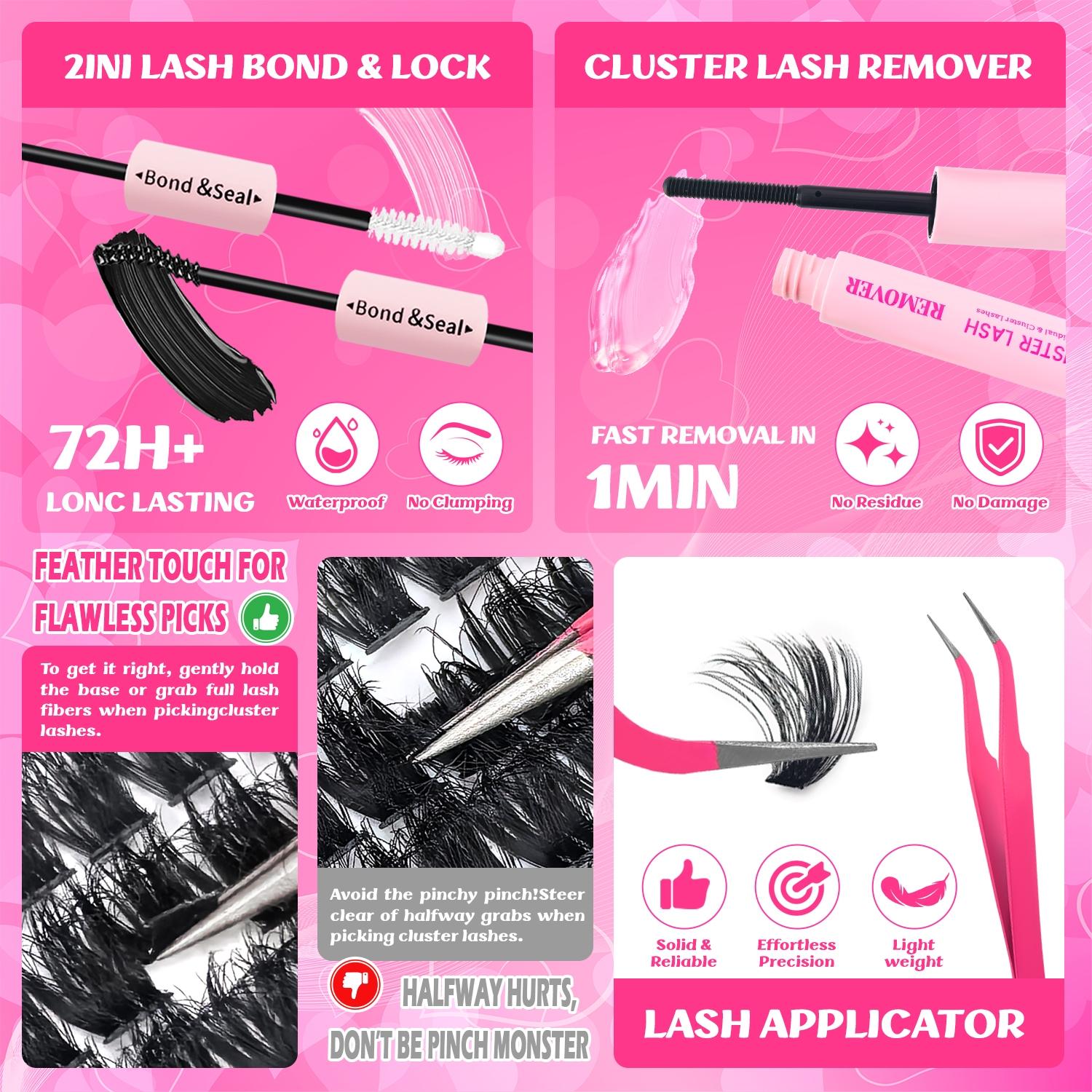 DIY Lash Clusters, DIY False Eyelashes, Waterproof Long-Lasting Fluffy and Weightless, Eyelash Extensions with Ultra-Thin Band Bond & Seal & Remover, Makeup Beginner Friendly, Self Grafting Curling Fake Eyelashes for Women