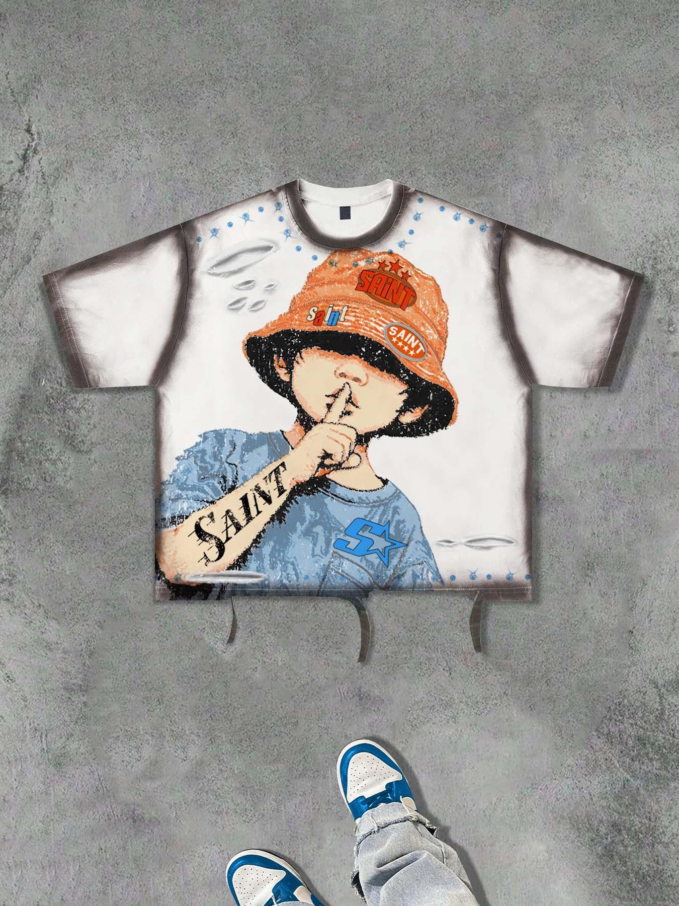 Men's Fashion Vintage Cartoon Fisherman Hat Print Saint Letter Trendy Street Cut Hole Design Short Sleeve Fitted Streetwear T-Shirt