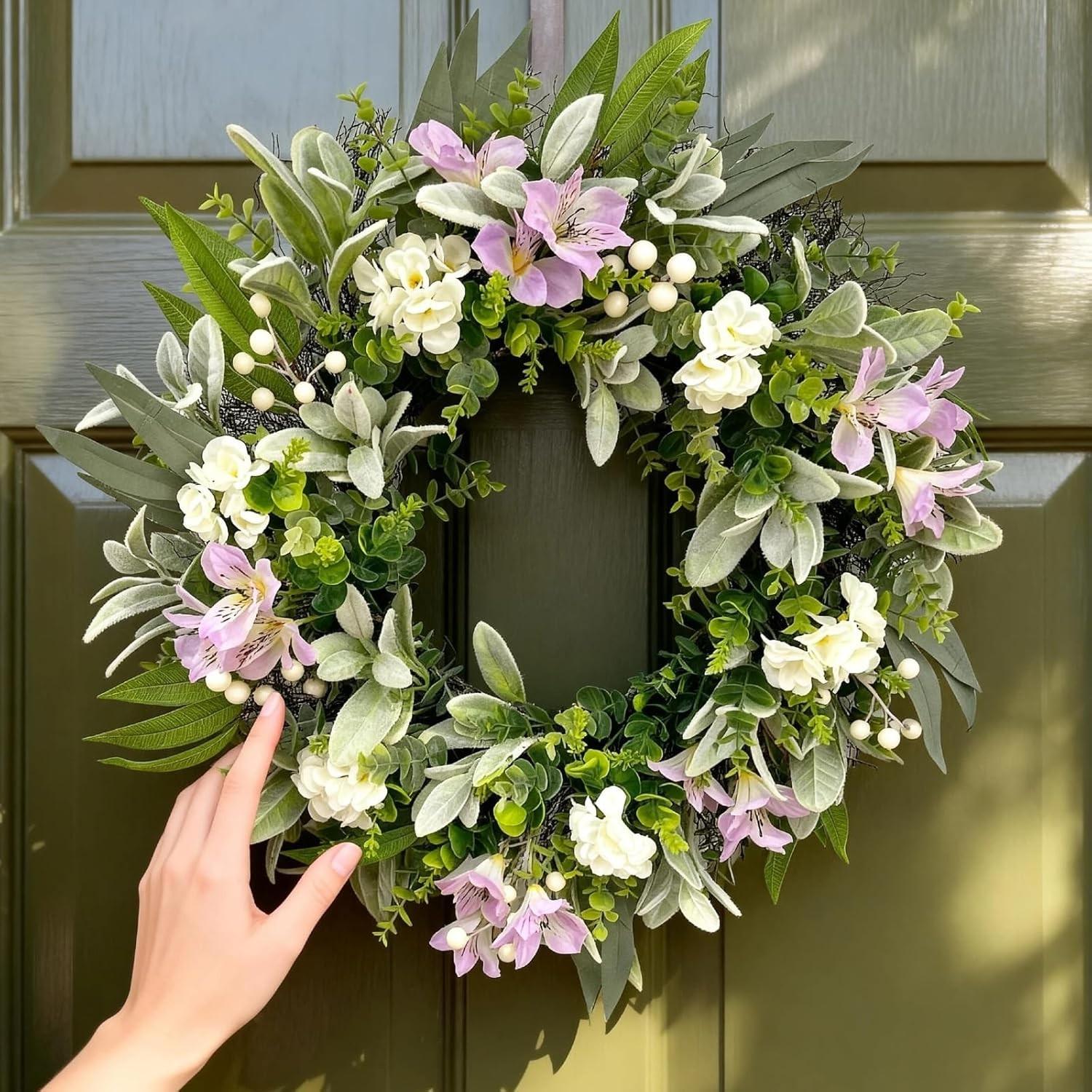Front Door Wreath, Eucalyptus Leaf Wreath with Flowers and Berries, All-Season Greenery, Farmhouse Home Decor, Indoor Outdoor