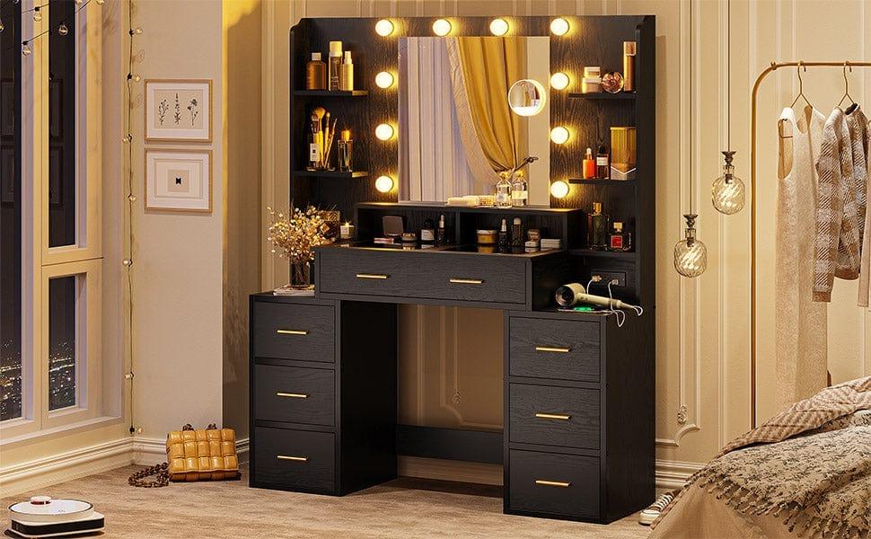 Sikaic Glass Top Makeup Vanity with Mirror and LED Lights, 10x Magnifying Mirror & Power Outlet, big Vanity Desk with 8 Drawers & 6 Shelves, 3 Light Settings