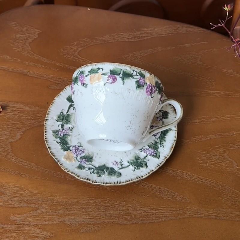 Gift for her Handmade ceramic coffee cup & saucer set  Vintage Romantic 🍇 Embossed Grape Cappuccino cup Set, Glazed Ceramic Breakfast Mug Aesthetic ☕ 🥐 🍰 , Water Cup, Afternoon Tea Coffee mug with saucer  💜