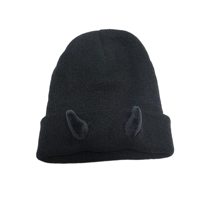 Reversible Knit Beanie with 3D Devil Horns - Soft Acrylic Material, Stretchy & Warm, Unisex Winter Hat, Multiple Colors, Perfect for Men & Women