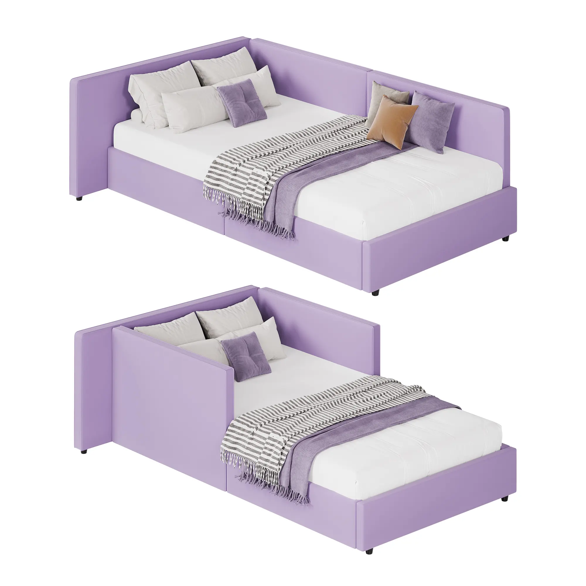Velvet Upholstered Twin Corner Daybed Frame with Headboard - Guardrail & Side Rails - Reversible Left/Right Corner Setup - Wooden Slat Support, Purple/Pink/Beige